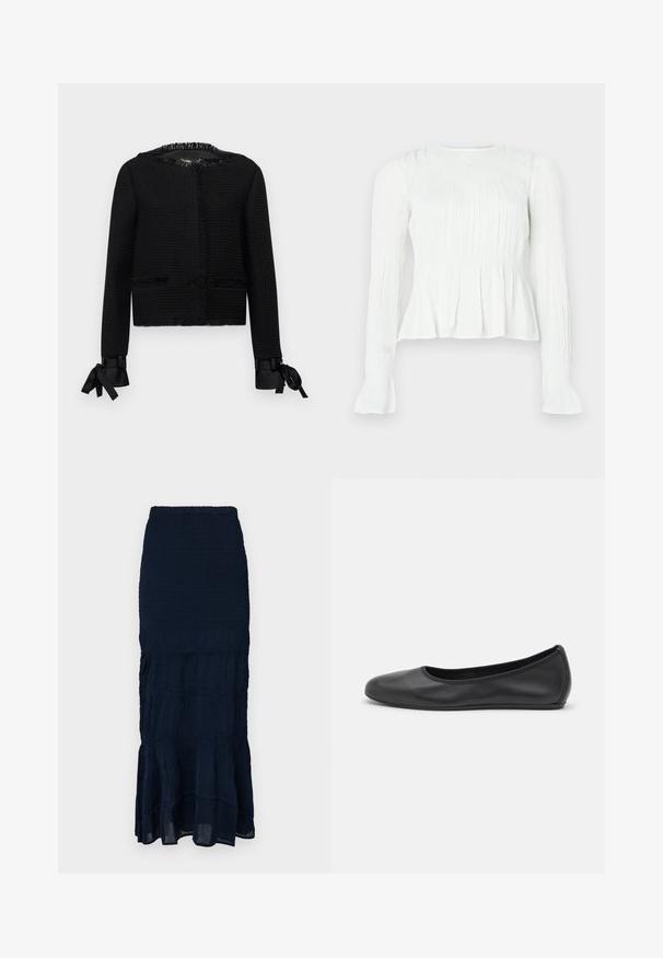 Černá texturovaná bunda s třásněmi na výstřihu a manžetách. Obsahuje stuhové vázání na koncích rukávů a dvě přední kapsy. Střední délka.; Bílá halenka s dlouhým rukávem s nařasenými detaily látky, nařaseným živůtkem a rozšířenými manžetami na jednobarevném pozadí.; Tmavě modrá midi sukně s nařaseným pasem, vícevrstvým volánovým lemem a texturovanou látkou. Elastický pas pro nastavitelnou velikost.; Černé kožené baletní byty s kulatou špičkou, hladkou texturou, minimálními švy a flexibilním designem podrážky.