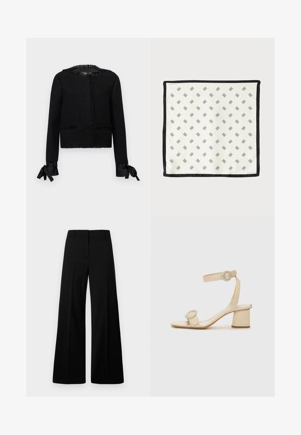 Juodas tekstūruotas švarkas su pūstomis apykakle ir rankogaliais. Rankenose yra kaspinų surišimo detalės ir dvi priekinės kišenės. Vidutinio ilgio dizainas.; Balta, raibota trumpa rankovėmis marškinėliai su apvaliu kaklu. Audinys atrodo lygus ir prigludęs. Prekės ženklo etikete matoma prie apykaklės.; Juodos plačios kelnės su lygaus paviršiaus tekstūra, struktūritu liemeniu ir priekiniu raukšlėjimu. Minimalistinis dizainas be matomų detalių.; Šviesiai rudos spalvos aukštakulniai šlepetės minimalistiniu dizainu, su dviem apvaliais akcentais ir masyviu kulnu. Pagamintos iš lygaus odos.; Baltas šilkinis šalikas, dekoruotas juoda geometrine raštu, su tvirtu juodu kraštu. Lengvas ir glotnaus paviršiaus.