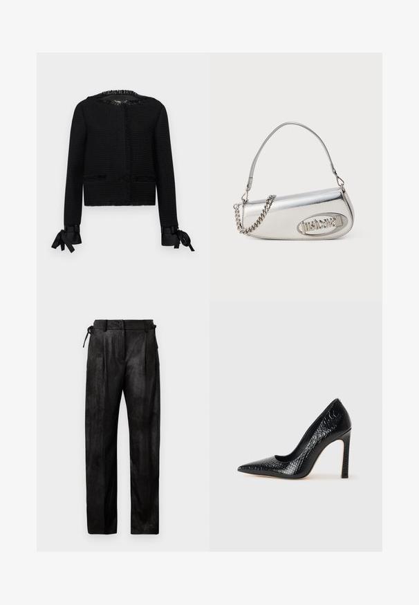 Giacca nera con texture, caratterizzata da un colletto e polsini con frange. Presenta nastri legati alle estremità delle maniche e due tasche frontali. Design di lunghezza media.; Crop top nero a maniche lunghe realizzato in tessuto texturizzato, con un design aderente e dettagli arricciati sul décolleté.; Pantaloni neri a vita alta realizzati in un materiale texturizzato. Presentano gamba dritta, pieghe e una coulisse regolabile in vita.; Scarpa nera con punta a punta alta in pelle di coccodrillo, caratterizzata da un design elegante, alto tacco a spillo e interno nero liscio.; Borsa a mano metallica argentea con forma triangolare arrotondata, con logo, tracolla a catena e texture liscia. Chiusura con zip sul lato.