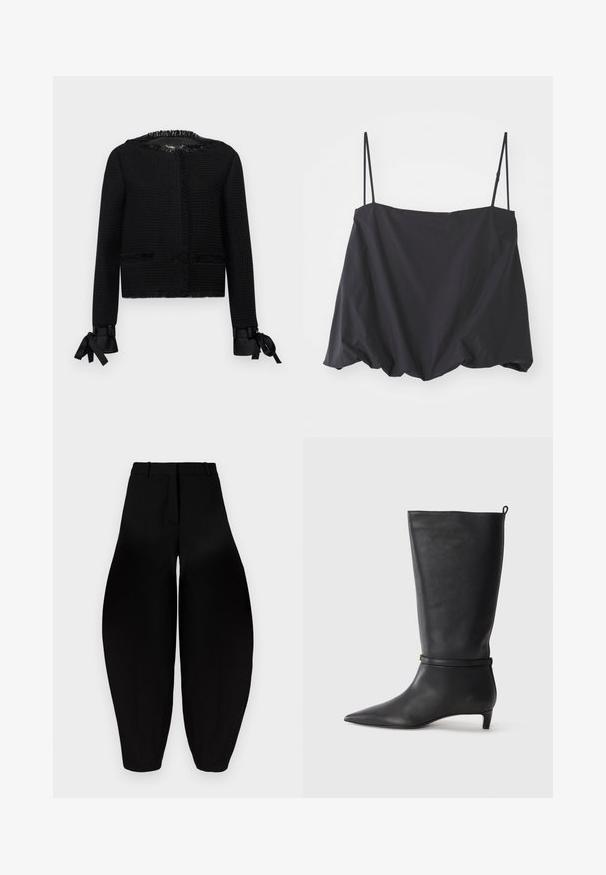Sort tekstureretjakke med frynset halsudskæring og manchetter. Har båndsløjfer ved ærmespidserne og to forlommer. Mellemlang design.; Sort ærmeløs top med tynde stropper, løs pasform og rynket kant. Lavet af letvægtsstof med en glat tekstur.; Sorte vidde bukser med høj talje, plisseret front og smalnende ankler. Fremstillet af glat stof med mat overflade.; Sorte læder knæhøje støvler med spidse tæer, fremhævet af et rundt bånd omkring anklen og en lav, tapered hæl. Glat tekstur.