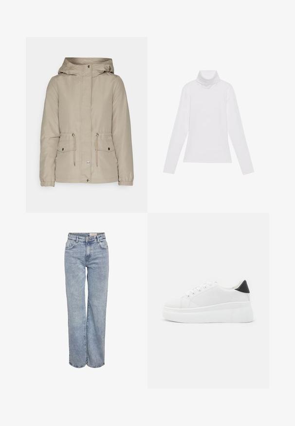 Bežinė striukė su gaubtu, užtrauktuku priekyje, raišteliu talijoje ir dviem priekinių kišenių. Yra elastiniai rankogaliai ir lygi, vandeniui atspari tekstūra.; Baltas ilgomis rankovėmis turtleneko tipo marškinėliai, pagaminti iš lygaus, tamprus audinys. Yra aukštas apykaklė ir prisitaikantis dizainas, be matomų raštų ar papuošimų.; Šviesiai mėlyni plačios kojų džinsai, pagaminti iš džinsinio audinio, pasižymintys aukštu liemeniu, penkių kišenių dizainu ir subtiliu blukimu, kad atrodytų jau dėvėti.; Balti platforminiai sportbačiai, pagaminti iš lygios sintetinio audinio, su apvaliu pirštu, raištelių užsegimu ir tekstūruota guma padanga. Juodas kulno akcentas.