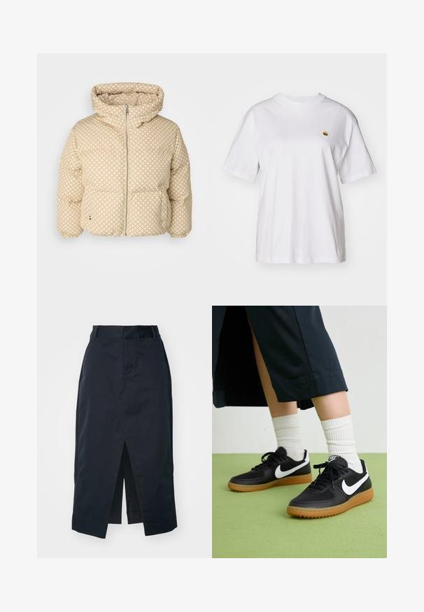 Giacca puffer beige con motivo a diamante, cappuccio, zip frontale e polsini elasticizzati. Tessuto morbido e trapuntato per calore e comfort.; Maglietta in cotone bianco con vestibilità rilassata, maniche corte e un piccolo logo ricamato sul lato sinistro del petto.; Gonna midi blu navy in tessuto misto cotone, con spacco anteriore, zip nascosta e tasche laterali per funzionalità.; Sneaker in pelle nera e sintetica con logo Nike bianco, suola in gomma, punta rotonda e lacci neri. Calze bianche a righe visibili.