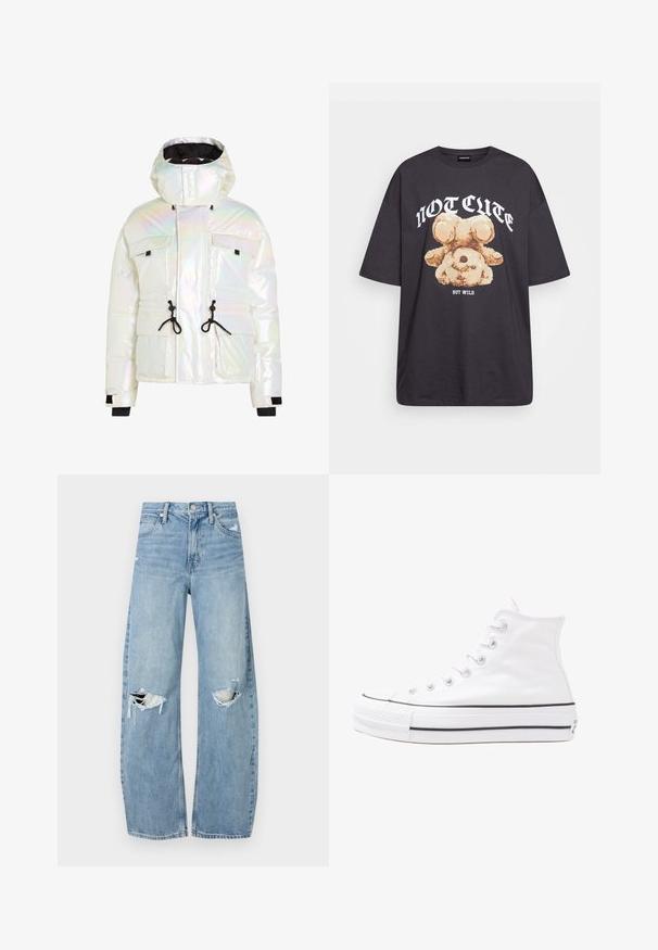 Iridescent pufferjacka med hög krage, justerbara dragsko, två framfickor och svarta detaljer på ärmslut och nederkant.; Svart oversized t-shirt med en grafik av en björn och texten "INTE SÖT MEN VILD" i fet, vit lettering. Tillverkad av bomull.; Ljusblå, högmidjade jeans i denim. Har vida ben, två slitna knäområden och klassisk femfickedesign.; Vit hög topp canvas sneaker med svart gummisulan, framsidan gummitåhätta och sex öglor för snören, med en ren, minimalistisk design.