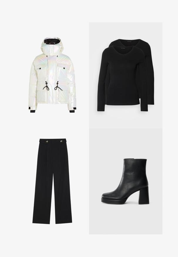Giacca a vento iridescente con colletto alto, lacci regolabili, due tasche frontali e dettagli neri ai polsi e all'orlo.; Due camicie a maniche lunghe nere con design a V, realizzate in tessuto morbido e elasticizzato, che mostrano una superficie liscia e una forma aderente.; Pantaloni neri a gamba larga con vita alta, dettagli con bottoni in vita e pieghe frontali.; Stivale alla caviglia in pelle nera con tacco a blocco e suola platform, visto di lato su uno sfondo bianco uniforme.