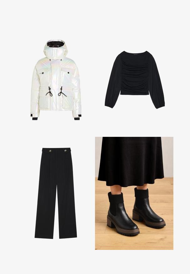 Iridescent puffer jacket featuring a high collar, adjustable drawstrings, two front pockets, and black accents on cuffs and hem.; Black long-sleeve top featuring gathered fabric detail at the front and wrists, made of soft, stretchy material with a boat neckline.; Black wide-leg trousers with high waist, button details on waistband, and front pleats.; Black leather ankle boots with ribbed fabric cuffs, chunky brown heel, and textured sole. Smooth finish with elastic side panels.