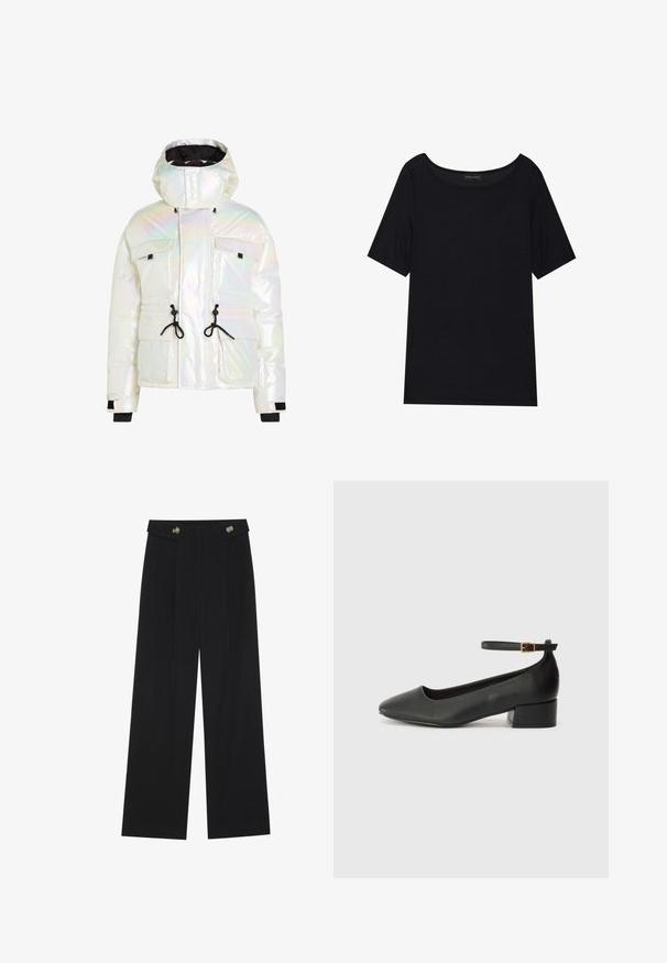 Irydescencyjna kurtka puchowa z wysokim kołnierzem, regulowanymi sznurkami, dwiema przednimi kieszeniami oraz czarnymi akcentami na mankietach i dolnym wykończeniu.; Czarny t-shirt z krótkim rękawem i szerokim dekoltem. Wykonany z miękkiego, lekkiego materiału. Prosty design bez wzorów i akcentów.; Czarne szerokie spodnie z wysokim stanem, z detalami w postaci guzików na pasku oraz plisami z przodu.; Czarne skórzane szpilki z ostrym noskiem i niskim słupkowym obcasem. Wyposażone w pasek na kostkę z złotym zapięciem. Gładka tekstura.