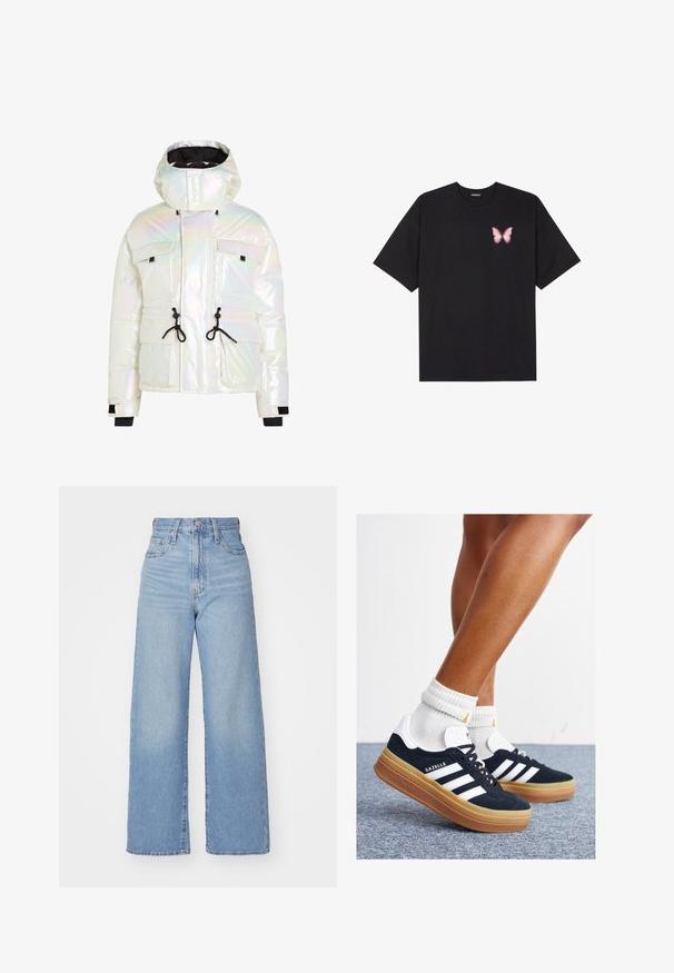 Veste rembourrée irisée avec un col montant, des cordons de serrage réglables, deux poches avant et des accents noirs sur les poignets et l'ourlet.; T-shirt en coton noir à manches courtes, avec un petit graphique de papillon rose sur la poitrine gauche. Modèle à col rond avec une coupe décontractée.; Jean large taille haute bleu clair avec bouton et fermeture éclair à l'avant, poches avant et arrière, sur fond blanc.; Baskets en daim noir avec des rayures et des accents blancs, bout arrondi, semelle extérieure en caoutchouc gomme, associées à des chaussettes blanches côtelées mi-mollet.