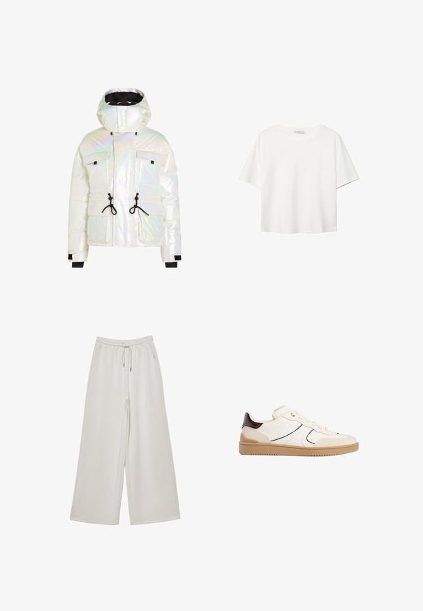 Iridescent puffer jacket featuring a high collar, adjustable drawstrings, two front pockets, and black accents on cuffs and hem.; White short-sleeve t-shirt made of cotton. Features a crew neckline and a relaxed fit. Smooth texture with no visible patterns or accents.; Light gray wide-leg trousers made of soft fabric with an elastic waistband, adjustable drawstring, and side pockets. Smooth texture throughout.; Stradivarius Trainers - white