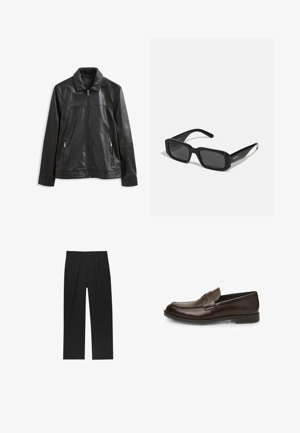 Črna usnjena jakna s ovratnikom, sprednjim zadrgo, dvema stranskima žepoma na zadrgo in gladko teksturo.; Črna pletena pulover s visokim ovratnikom, dolgimi rokavi ter rebrastimi manšetami in robom, ki se ponaša z nemotečim teksturo in klasično silhueto.; Črne hlače z ravnim krojem, narejene iz gladkega materiala. Imajo sprednje gube in enojno zaponko na pasu.; Rjavi usnjeni mokasini z gladko teksturo, okroglo špico in detajlom šivanja. Imajo nizko, skladno peto in zasnovo za enostavno natikanje.; Arnette THEKIDD UNISEX - Sončna očala - black; Timex ura z belim številčnico, črnimi arabski številkami in zlatim ohišjem. Značilnost je rjav usnjen pašček s krokodilskim vzorcem in okence za datum.