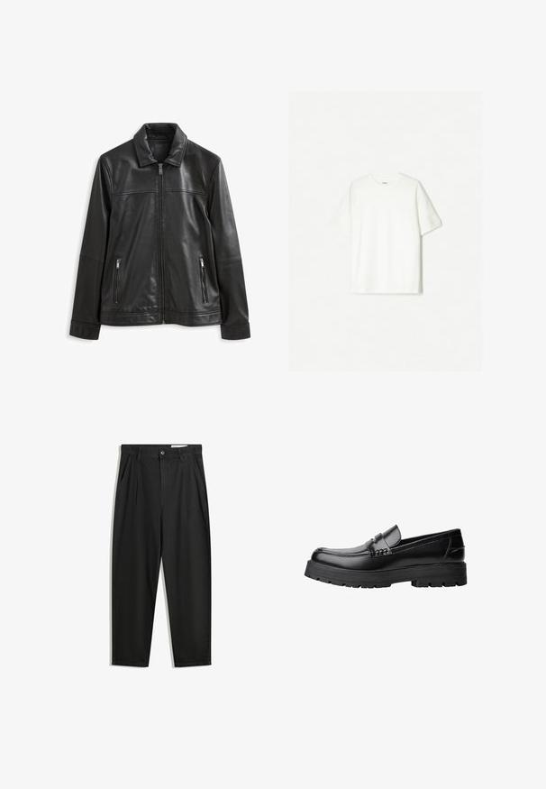 Giubbotto in pelle nera con colletto, chiusura frontale con zip, due tasche laterali con zip e una texture liscia.; T-shirt bianco a maniche corte, realizzato in cotone morbido. Design a girocollo con una vestibilità comoda e senza loghi o motivi visibili.; Pantaloni in cotone neri con una vestibilità rilassata, dotati di una vita classica, pieghe frontali e tasche laterali. Tessuto liscio senza fantasie.; Mocassino in pelle nera con suola spessa e tassellata e fascia decorativa sulla parte superiore, mostrato in profilo sinistro su sfondo bianco.