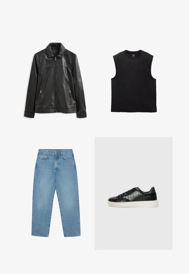 Fekete bőrdzseki, galléros nyakkal, elöl cipzáras záródással, két oldalsó cipzáras zsebbel és sima felülettel.; Fekete ujjatlan pamut póló, kerek nyakkivágással, laza fazonnal és varrott szegélyrészletekkel. Simaság, egyszerű dizájn.; Világoskék farmer széles szárú nadrág magas derékkal, öt zsebből, övhurkokkal és puha, enyhén fakó textúrával.; Fekete sportcipő, amely texturált krokodilbőr felsőrésszel, kerek orral és sima felületű, kontrasztos fehér gumitalppal rendelkezik.