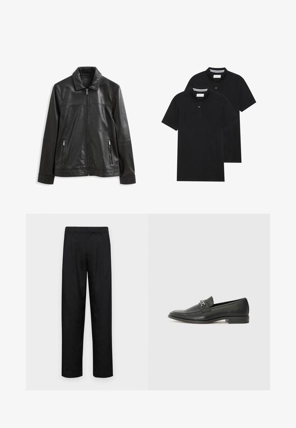 Melnā ādas jaka ar apkakli, priekšējo rāvējslēdzēju, divām sānu kabatām ar rāvējslēdzējiem un gludu tekstūru.; Divas melnas polo krekli, īsām piedurknēm, no kokvilnas materiāla, ar klasisku apkakli, divu pogu aizdari un balti svītroti akcenti apkakles iekšpusē.; Melnas bikses, izgatavotas no gludas auduma, ar taisnu kāju dizainu, divām priekšējām krokām un standarta jostu, kurai ir āķi.; Melna ādas loafer izmēra apavi ar gludu virsmu, piedāvā ar šūtu dizainu un dekoratīvu metāla ķēdes akcentu pār vampu. Plakana papēža daļa.