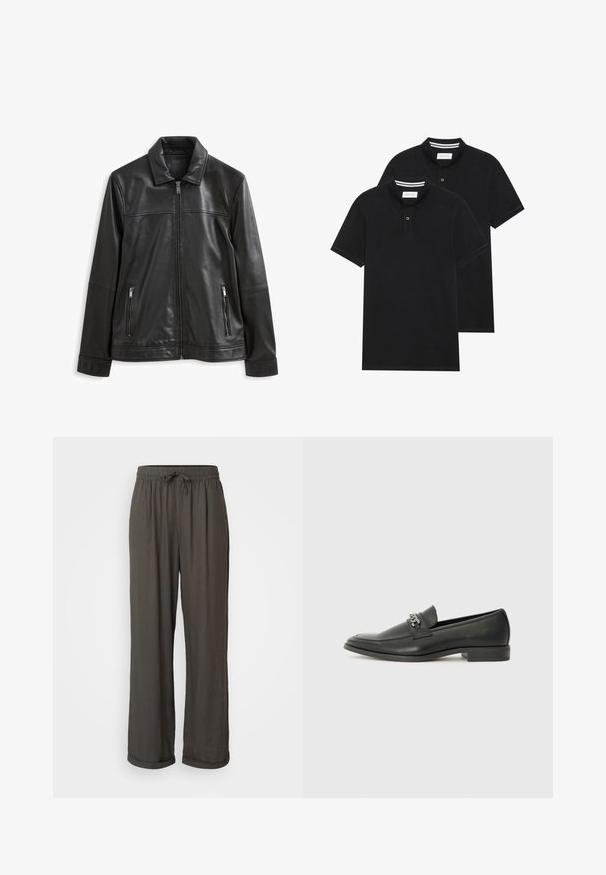 Giubbotto in pelle nera con colletto, chiusura frontale con zip, due tasche laterali con zip e una texture liscia.; Due magliette polo nere, con maniche corte, in cotone, con colletto classico, pattina a due bottoni e dettagli a righe bianche all'interno del colletto.; Pantaloni a gamba larga grigio scuro con vita regolabile, realizzati in un morbido tessuto testurizzato, con risvolti alle caviglie.; Mocassino in pelle nera con finitura liscia, caratterizzato da un design cucito e da un accento decorativo in catena metallica sul vamp. Tacco piatto.