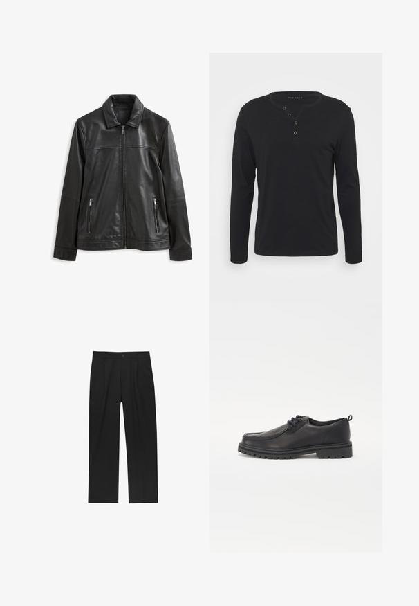Veste en cuir noire avec un col, fermeture éclair à l'avant, deux poches zippées sur les côtés et une texture lisse.; T-shirt henley noir à manches longues en tissu doux, avec une patte de boutonnage, un col rond et des manches ajustées.; Pantalons noirs au design droit, fabriqués à partir d'un tissu lisse. Dotés de plis sur le devant et d'une fermeture à un bouton à la taille.; Chaussures à lacets en cuir noir avec un bout arrondi, une semelle texturée et des coutures surélevées le long des bords. Design sobre sans motifs ni accents.