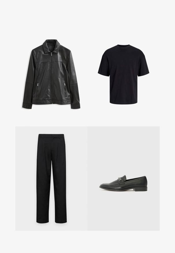 Juodas odinis švarkas su apykakle, priekiniai užtrauktuko uždarymas, dvi šoninės kišenės su užtrauktuku ir lygi tekstūra.; Juodas medvilninis marškinėlis su apvaliu iškirpimu, trumpomis rankovėmis ir laisvu siluetu. Glotni tekstūra, be matomų raštų ar akcentų.; Juodi kelnių modeliai, pagaminti iš lygios medžiagos, turi tiesią kojas, du priekiniai klostės ir standartinę juosmenį su diržo kilpomis.; Juodos odinės loafer tipo bateliai su lygiu paviršiumi, turintys siuvinėtą dizainą ir dekoratyvų metalo grandinėlės akcentą ant batų viršaus. Plokščias kulnas.