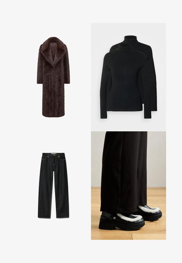 Rjav krznen plašč z dolgim, ravnim dizajnom, širokimi reverji in odprtim sprednjim delom. Mehak material in dolgi rokavi povečujejo toploto in stil.; Dva dolga rokava s turtleneck ovratnikom v črni barvi, narejena iz mehke, raztegljive tkanine s prilegajočim dizajnom in brezšivnim ovratnikom.; Temno modri kavbojki s ravnim krojem, zapiranje na mesingasto gumb, in kontrastnim rumenim šivanjem. Imajo pet žepov in klasičen kroj.; Črne platform čevlje imajo bel puhast obrob, zaobljen toe in trak z kovinsko gumbom. Nosi se jih z črnimi hlačami na lesenem tleh.