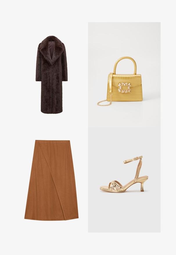 Palton de blană maro cu un design lung și drept, cu rever larg și față deschisă. Textura moale și mânecile lungi contribuie la căldură și stil.; Tricou negru cu textură ribbed, guler rotund cu margine albă zimțată și mâneci scurte cu detalii zimțate asortate.; Fustă înzălată de culoare maronie, până la genunchi, fabricată dintr-un material moale. Prezintă un design asimetric cu un detaliu pe cusătura laterală și o textură netedă.; Sandale cu toc înalt aurii, cu barete subțiri la gleznă, finisaj metalic, vârf deschis și un toc modest, pentru stabilitate.; Geantă galbenă din faux-crocodil cu un design structurat, mână superioară, curea detașabilă cu lanț și embellisment decorativ cu cristale pe închidere.