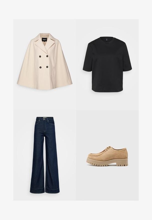Beige gyapjú keverék köpeny, dupla gombos kialakítással, nagy hajtogatókkal és két oldalsó zsebbel; sötét gombokkal és puha textúrával rendelkezik.; Fekete környakú pamut póló, rövid ujjal és laza fazonnal. Simaszövet, látható minták vagy díszítések nélkül.; Sötétkék, magas derékú, bő szárú farmernadrág elülső zsebekkel, övhurkokkal, gombos zárással és látható varrással, fehér háttér előtt.; Beige velúr cipő kerek orral, fűzős dizájnnal és vastag, textúrált gumi talppal, mély barázdákkal a tapadás érdekében.