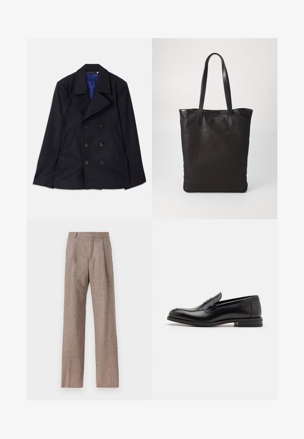 Jūrinis dvigubos krūtinės paltas, pagamintas iš lygios vilnos, su dviem priekinėmis kišenėmis ir notch tipo apykakle. Vidaus pamušalas iš ryškiai mėlynos medžiagos.; Šviesiai mėlyna ilgarankovė marškiniai su smailiu apykakle, juodais mygtukais ir unikaliu išpjovimu priekyje, kuri suteikia išskirtinį dizainą.; Rudos, aukšto liemens kelnes, pagamintas iš tekstūruotos medžiagos. Plati kojos, dvi priekinės klostės struktūrai. Tvarkingas apdailos darbai, be matomų detalių.; Juodos odinės loafers, turinčios lygų paviršių, apvalią noselę ir dekoratyvinę juostą per priekinę dalį. Žemas krentantis kulnas, minimalistinis dizainas.; Juodas drobės pirkinių maišelis su juodais odiniais rankenomis. Paprastas dizainas, erdvus kūnas ir lygus paviršius. Nėra matomų logotipų ar raštų.