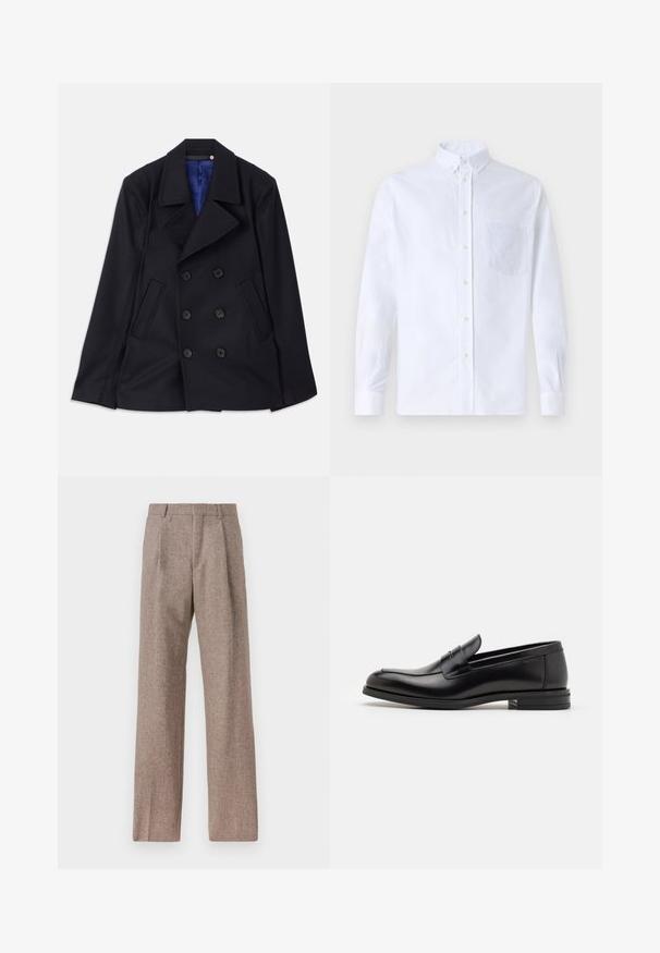 Námořnický dvouřadý kabát z hladké vlny, vybavený dvěma předními kapsami a klopovým límcem. Vnitřní část podšívky je z jasně modrého materiálu.; Bílá dlouhá košile s knoflíky vyrobená z bavlny, která má náprsní kapsu s tónovanou výšivkou, límec a knoflíkové manžety.; Hnědé kalhoty s vysokým pasem vyrobené z texturované látky. Mají široké nohavice a dva přední sklady pro strukturu. Úhledné provedení bez viditelné kovových částí.; Černé kožené polobotky s hladkou texturou, zaoblenou špičkou a zdobným páskem přes nárt. Nízký stohovaný podpatek, minimalistický design.