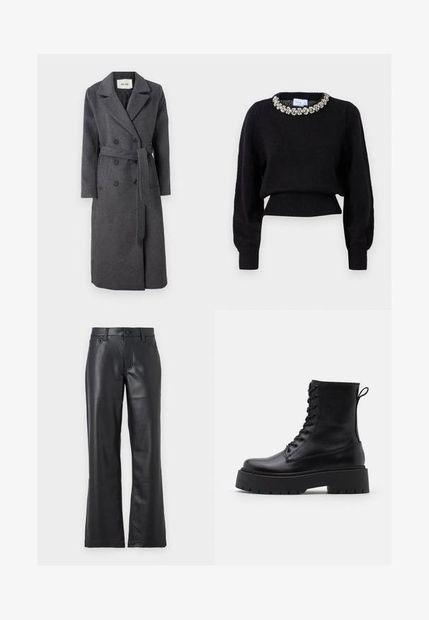 Cappotto in lana grigia con chiusura doppiopetto, rever a punta, maniche lunghe, vita con cintura e tasche laterali. Design classico e sartoriale.; Maglione corto nero realizzato in tessuto a maglia, con maniche lunghe e un colletto decorativo con perline. Polsini e orlo a coste.; Pantaloni in pelle nera con design a zampa d'elefante, dotati di tasche frontali, passanti per cintura e chiusura a bottone. Texture liscia con cuciture visibili.; Stivaletti in pelle nera alla caviglia con punta rotonda, lace-up frontale e suola in gomma spessa con battistrada textured. Tassello sul retro.