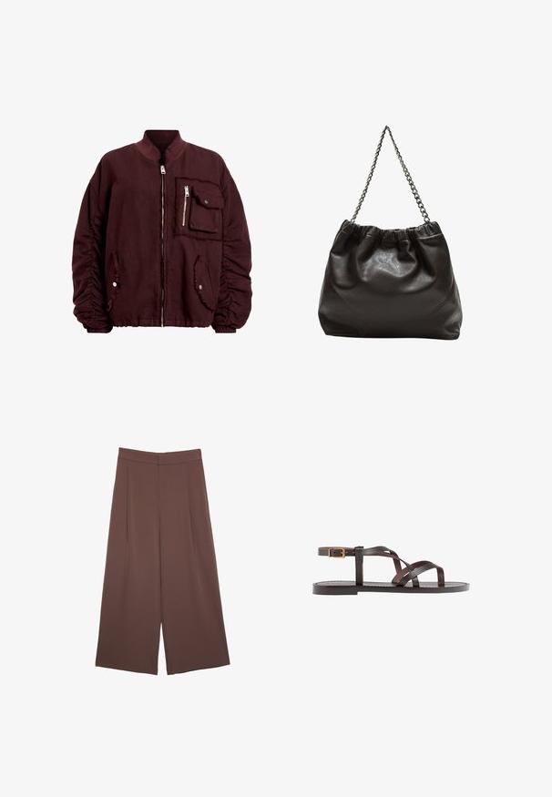 AllSaints Bombertakki - red; Kahvinsävyinen lyhythihainen t-paita, joka on valmistettu pehmeästä kankaasta. Pyöreä pääntie ja rento malli. Ei näkyviä kuvioita tai koristeita.; Ruskeat leveälahkeiset housut, joissa on sileä pinta, korkea vyötärö ja etupleat. Kangas on kevyttä ja laskeutuu väljänä.; Ruske kožne sandale s križnim trakama, zatvaranjem na kopču oko gležnja i ravnim potplatom s minimalnim detaljima šivanja.; Ruskea nahkainen laukku, jossa on kerätty yläosa ja ketjuhihna. Tasainen pinta, jossa kiiltävä viimeistely ja hienovaraiset sauman yksityiskohdat sivuilla.