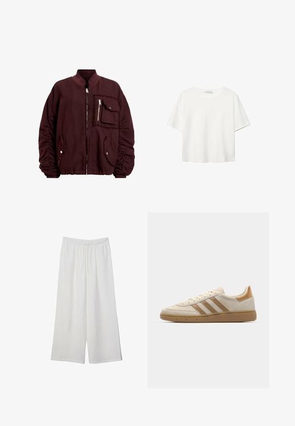 AllSaints Giubbotto Bomber - red; T-shirt bianco a maniche corte realizzato in cotone. Presenta un collo tondo e una vestibilità rilassata. Texture liscia senza motivi o dettagli visibili.; Pantaloni bianchi a gamba larga realizzati in tessuto leggero, dotati di una vita elastica e di un cordino per una vestibilità regolabile. Texture liscia.; Sneaker in suede beige con accenti marroni chiari. Presenta tre strisce marroni, suola in gomma testurizzata e design a punta arrotondata.