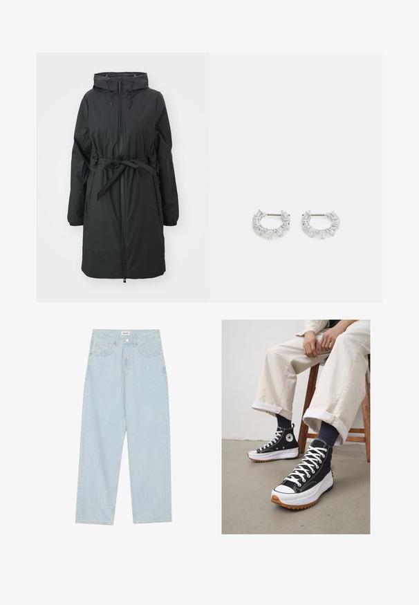 Svart, lang puffjakke med snorhett, glidelås foran og belte i livet. Har elastiske mansjetter og en glatt tekstur.; Hvit ribbet tanktop med rund halslinning og ermeløs design, med en rett kant og en glatt, elastisk tekstur.; Lys blå vide jeans laget av denim, med middels høyde på livet, fem lommer og en knappelukking med en slank metalldetalj.; Høye svarte sneakers med hvite lisser og gummitåhette. Tykkt hvitt såle med en teksturert brun yttersåle, brukt med marineblå stripete sokker.; Sølv hoops øredobber med klare, rektangulære og trekantede krystaller arrangert i et mønsterdesign. Stifter for sikker feste.