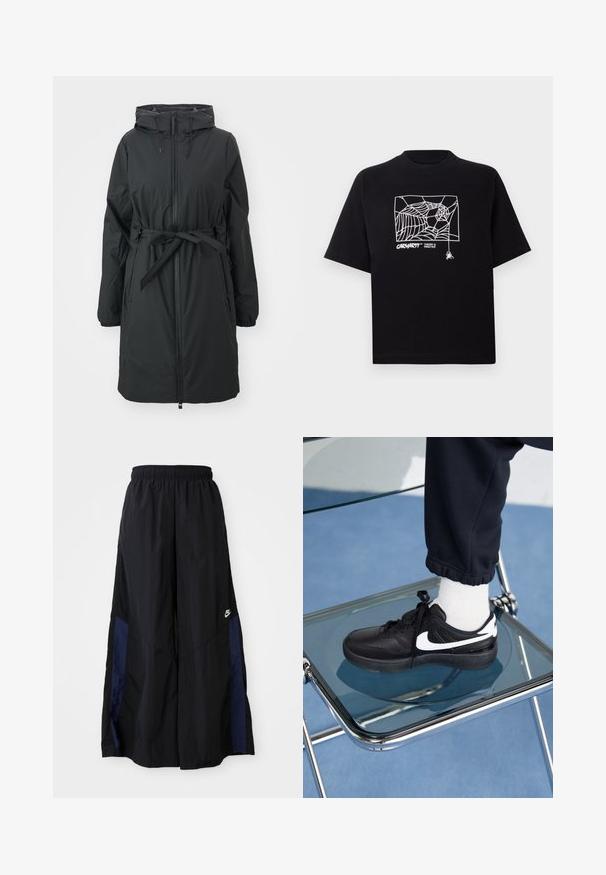 Palton puffer lung, negru, cu glugă ajustabilă, fermoar frontal și talie cu curea. Are manșete elastice și o textură netedă.; Tricou negru din bumbac, cu mâneci scurte. Dispune de un grafic alb cu o pânză de păianjen și un logo pe față. Guler simplu, rotund.; Pantaloni negri cu croi larg, confecționați dintr-un material ușor, având un panou lateral albastru marin și un brâu elastic. Logo mic alb în partea de jos.; Adidași negri Nike cu accente albe, cu o textură de piele netedă, design cu șireturi și vârf rotunjit, așezați pe un scaun din sticlă.