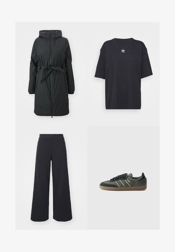 Svart, lang puffjakke med snorhett, glidelås foran og belte i livet. Har elastiske mansjetter og en glatt tekstur.; Svart bomull T-skjorte med korte ermer, rund halslinje, med en hvit Adidas-logo på brystet. Enkel design, avslappet passform.; Svart bukse med vid benvidde laget av myk stoff, med elastisk midjebånd og en liten logo på venstre side.; adidas Originals SAMBA OG - Joggesko - core black/legend earth/gum