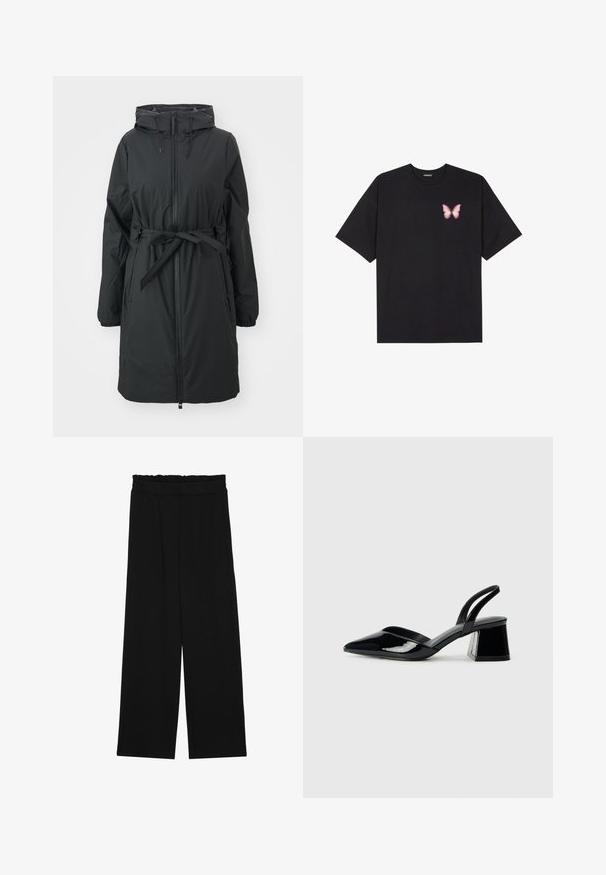 Črn dolg puhast plašč z vrvico na kapuci, sprednjim zadrgo in pasom. Ima elastične manšete in gladko teksturo.; Črna bombažna majica s kratkimi rokavi, ki ima majhen roza metuljček na levi strani prsnega dela. Majica s krožnim ovratnikom in sproščenim krojem.; Črne široke hlače s nabranim pasom, ki imajo dva stranska žepa in so izdelane iz gladkega, lahkega blaga. Brez vidnih vzorcev ali kovinskega okova.; Črne lakirane slingback pete s koničastim nosom in geometrijsko blokasto peto. Imajo eleganten, minimalističen dizajn in gladko teksturo.