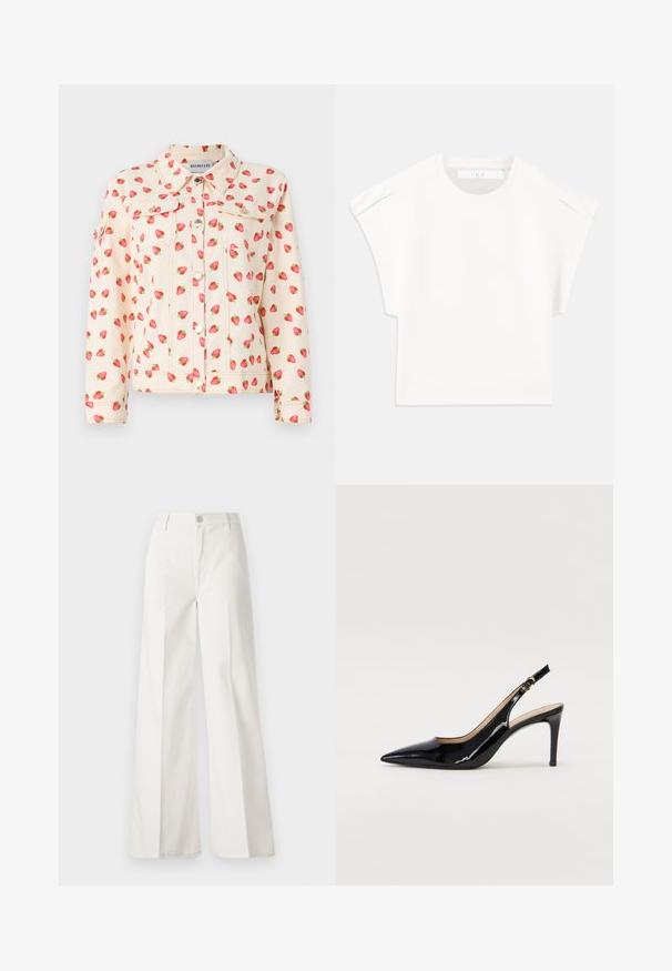 Jeansjacka med en krämfärgad bakgrund, med ett jordgubbsmönster i röd och grön. Två bröstfickor med knappstängningar och metallaccenter.; Vitt boxigt t-shirt med korta ärmar. Tillverkad av mjukt tyg, med rund halsringning och subtila axelaccenter. Enkelt design.; Vita vida-byxor gjorda av bomull med en slät textur. Har en framknapp, gylf med dragkedja och fyra fickor.; Svart patenterat läder slingback pumps med spetsig tå, smal klack och en subtil utskärning. Har en guldbuckle på remmen.