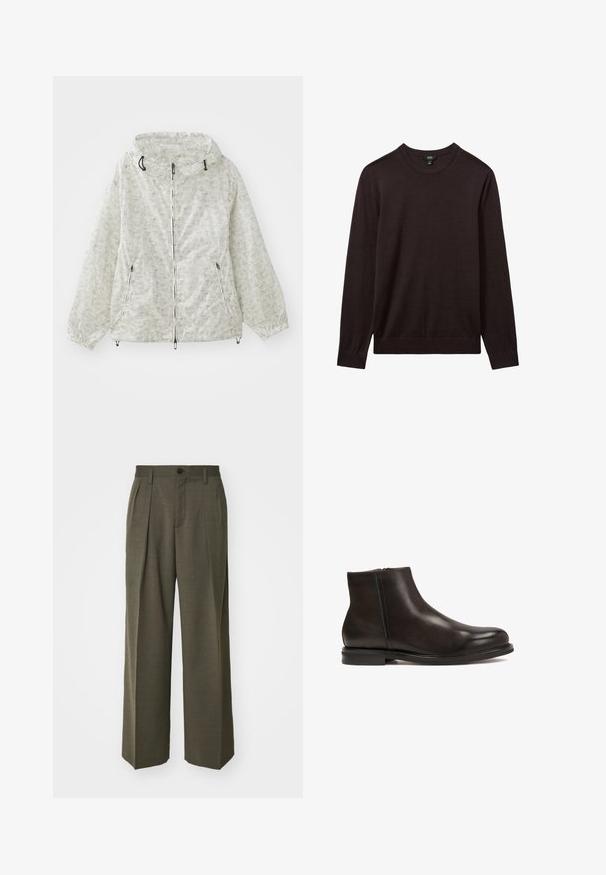 Lekka, kremowa kurtka zapinana na zamek z kapturem, elastycznymi mankietami i powtarzającym się wzorem geometrycznym. Zawiera dwie przednie kieszenie.; Reiss - Sweter; Filippa K - Spodnie materiałowe; Czarne skórzane botki za kostkę o gładkiej fakturze, zaokrąglonym nosku i niskim obcasie. Posiadają boczny zamek błyskawiczny ułatwiający zakładanie.