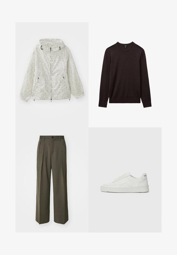 Lahka, kremasto obarvana jakna na zadrgo z kapuco, elastičnimi manšetami in ponavljajočim se geometrijskim vzorcem. Vključena sta tudi dva sprednja žepa.; Reiss Pulover - dark bordeaux; Filippa K WIDE TROUSERS - Hlače - driftwood; Bela usnjena športna obutev z gladko površino, okroglo prst, ravne vezalke in teksturiran podplat. Ima diskretno logo na peti.
