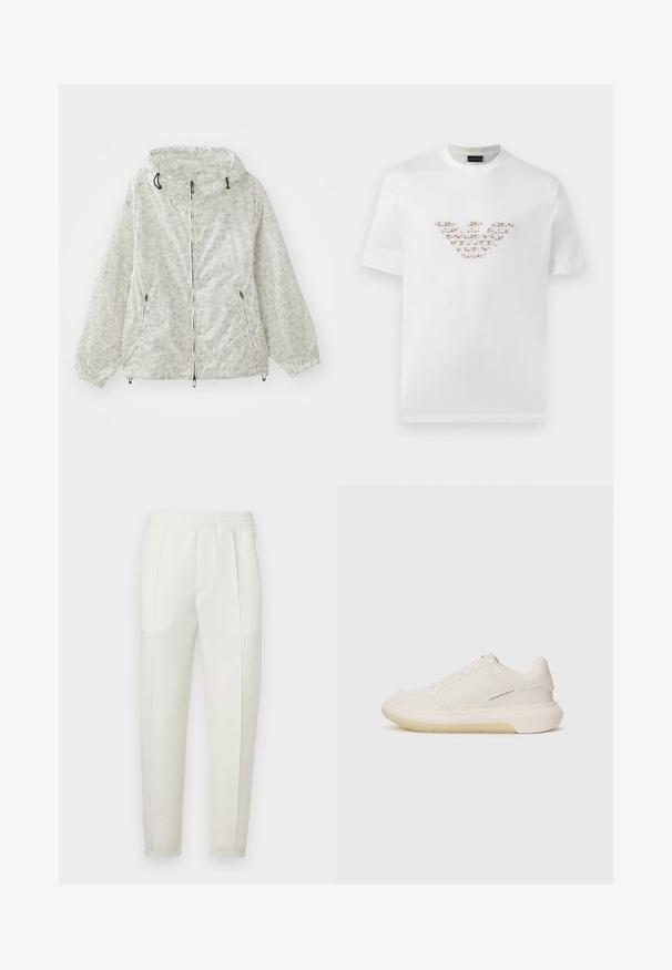 Lättvikts jacka i krämfärg med dragkedja och huva, elastiska muddar och ett upprepande geometriskt mönster. Två framfickor ingår.; Vit bomullströja med korta ärmar och rundad halsringning. Har en central logotypdesign i rosa och bruna nyanser.; Vita slim-fit byxor med elastisk midjeresår, utrustade med två sidofickor och en slät, lätt glansig yta.; Vita sneakers i slät läder, rund tå och tjock gummisula. Har minimal sömnad och en diskret logotypdetalj på sidan.
