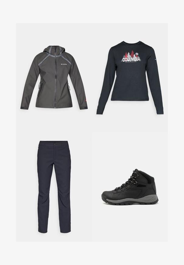 Mørkegrå vandtæt jakke med hætte, featuring sømdetaljer, lynlåslommer og et logo på brystet. Struktureret stof.; Langærmet mørkegrå skjorte med grafik af røde træer og bjerge; "COLUMBIA" logo i fed hvid tekst. Blødt stof, standard rund hals.; Mørkeblå bukser lavet af glat stof, med en frontknaplukning, tætsiddende design og pressefolder ved knæene.; Sort vandrestøvle med en mellem-højde design, der har en tekstureret overdel, grå detaljer og en holdbar gummisål med skridsikre klodser.