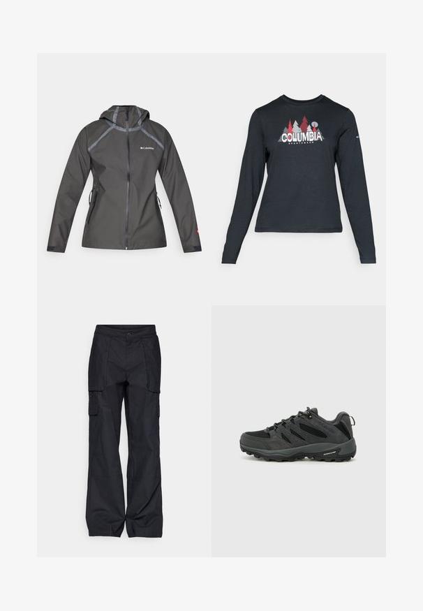 Chaqueta impermeable gris oscuro con capucha, que presenta detalles en las costuras, bolsillos con cremallera y un logotipo en el pecho. Tejido texturizado.; Camisa de manga larga gris oscuro con un gráfico de árboles rojos y montañas; logo "COLUMBIA" en texto blanco en negrita. Tela suave, cuello redondo estándar.; Columbia BREA FALLS™ COTTON RIPSTOP PANT - Pantalones montañeros largos - black; Columbia REDMOND - Zapatillas de senderismo - black/citron haze