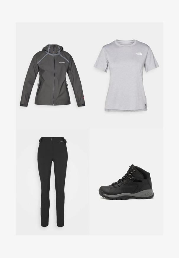 Sötétszürke vízálló dzseki kapucnival, varrásokkal kiemelt részletekkel, cipzáras zsebekkel és mellkasi logóval. Texturált anyag.; Szürke, rövid ujjú póló, puha, nedvességet elvezető anyagból készült. Kerek nyakú, és egy kis fehér logó található a bal felső részen.; Fekete, testhezálló nadrág rugalmas anyagból. Jellemzők: cipzáras oldalzseb, artikulált térdek és sima felület.; Fekete túracipő közepes magasságú kialakítással, texturált felsőrésszel, szürke részletekkel és strapabíró gumitalppal, amelynek tapadós kiemelkedései vannak.