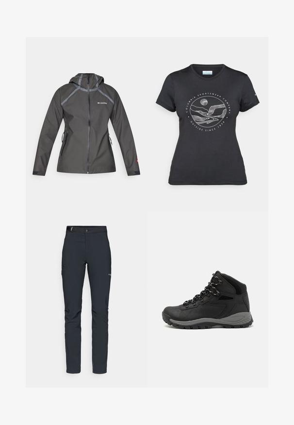 Tumedast hall vihmavaba jakk kapuutsiga, millel on õmbluste aktsendid, tõmblukuga taskud ja logo rinnal. Tekstuuriga kangas.; Musternine Columbia T-särk mustas värvuses, millel on valge ümmargune mägi ja jõe joonistus ning tekst "Columbia Sportswear Company Outside Since 1938."; Meeste välkpüksid, tumehallid, valmistatud paindlikest materjalidest, vöökohaga, tõmblukuga taskud ja tugevdatud õmblused.; Mustarjaline matkasaabas, millel on keskmine disain, tekstuuriga ülemine osa, hallid aktsendid ja vastupidav kummist põhi, millel on haardelugesid.