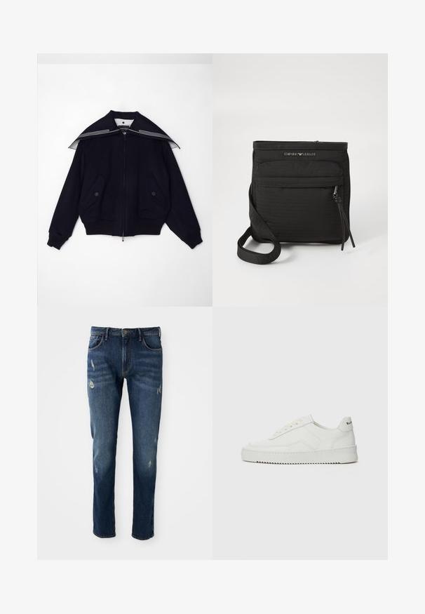 Emporio Armani FASHION SHOWJACKET - Bomberjacka - blue navy; Mörkblå bomulls t-shirt med en grafisk örnlogo i beige och vitt, rund halsringning, korta ärmar och en avslappnad passform.; Mörkblå denimjeans med slim fit, lätt slitningar vid låren och knäna, klassisk femficksdesign och knappstängning.; Vita lädersneakers med en jämn yta, rund tå, platta snörningar och en strukturerad sula. Har en diskret logotyp på hälen.; Svart Emporio Armani crossbody-väska med framficka med dragkedja, justerbar rem och logotypdetalj på texturerat tyg.
