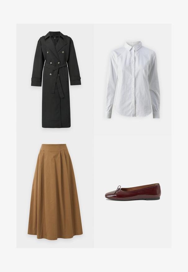 Črni plašč tipa trench s podvojenim zapenjanjem na srebrne gumbe, pasom v pasu in dolgimi rokavi z zavihki. Klasičen ovratnik z ovratno podložko.; Bela srajca z gumbki, narejena iz gladkega bombaža, s klasičnim ovratnikom, dolgimi rokavi in ukrivljenim robom. Gumbi so majhni in beli.; Rjava bombažna A-linijska krila z visokim pasom, ki vključuje naborke spredaj in gladko teksturo. Robovi so čisti in preprosti.; Burgundska patenti usnjeni baletni čevlji z zaobljenim prstom, majhnim lokom na sprednji strani in nizkim črnim gumijastim podplatom. Gladka tekstura.