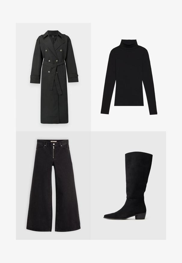 Fekete ballonkabát dupla soros ezüst gombokkal, öves derékrésszel és hosszú ujjak felfordított mandzsettával. Klasszikus hajtókás gallér.; Fekete garbónyakú, hosszú ujjú felső, bordás anyagból készült, testhez álló fazonnal, magas nyakkal, minták és díszítések nélkül.; Fekete denim széles szárú farmer, cipzáros elejével, öt zsebes kialakítással és diszkrét varrással. Sima textúra és laza stílus.; Fekete velúr térd fölé nyúló csizma alacsony tömbsarkal és hegyes orral, oldalnézetben, sima világosszürke háttérrel.