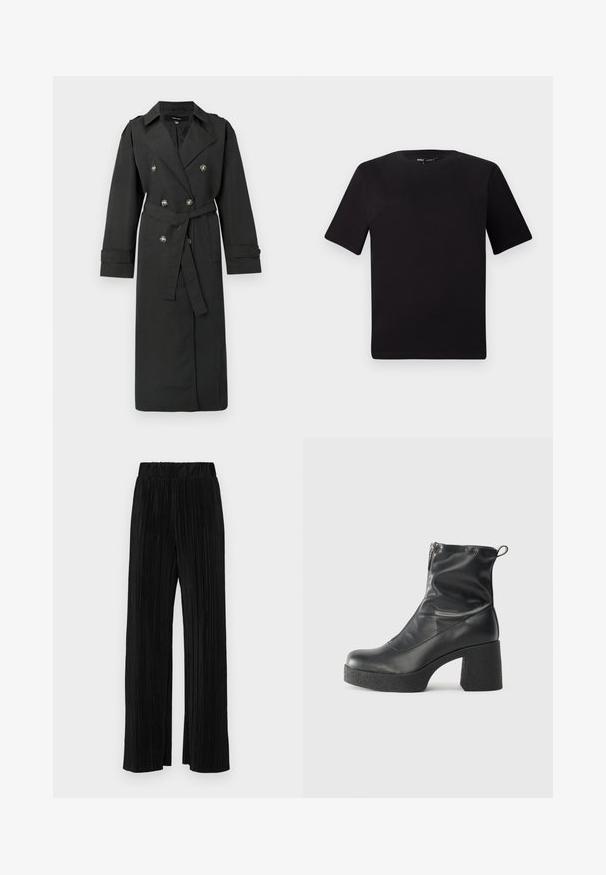 Črni plašč tipa trench s podvojenim zapenjanjem na srebrne gumbe, pasom v pasu in dolgimi rokavi z zavihki. Klasičen ovratnik z ovratno podložko.; Črna majica s kratkimi rokavi in okroglim izrezom, izdelana iz mehkega bombažnega materiala. Preprost dizajn, brez vidnih logotipov ali vzorcev.; Črne plisirane hlače z elastičnim pasom. Imajo široke noge in gladko, teksturirano tkanino z navpičnimi črtami.; Črne gležnjarje iz gladke kože z božnim zadrgo, masivnim teksturiranim peto in zaobljeno obliko prstov.
