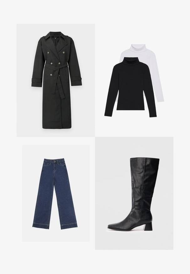 Fekete ballonkabát dupla soros ezüst gombokkal, öves derékrésszel és hosszú ujjak felfordított mandzsettával. Klasszikus hajtókás gallér.; Fekete-fehér hosszú ujjú garbók egymásra halmozva, ribbelt anyagból készült, testhezálló fazonú és magas gallérral rendelkezik.; Sötétkék denim széles lábú farmernadrág. Öt zsebbel, övhurkokkal és nyers szegéllyel az alján, amelyen látható varrási részletek találhatók.; Fekete, vádli közepéig érő bőrcipő hegyes orral és tömbsarkal világos, egyszínű háttér előtt.