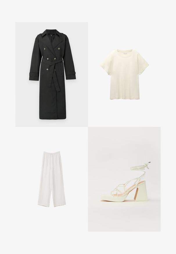 Črni plašč tipa trench s podvojenim zapenjanjem na srebrne gumbe, pasom v pasu in dolgimi rokavi z zavihki. Klasičen ovratnik z ovratno podložko.; Svetlo bež kratkosleeven majica s okroglim ovratnikom, izdelana iz mehke, gladke tkanine. Ima sproščen kroj in raven rob.; Bele široke hlače iz lahkega materiala. Imajo elastičen pas s vrvico in stranske žepe. Gladka tekstura.; Bela sandala na visokih petah s debelim petam, ki ima obliko trakcev in vezanje okoli gležnja. Gladka tekstura z platformo spredaj za dodatno višino.