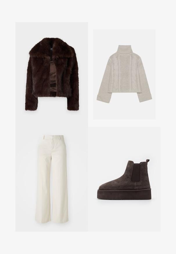 Barna műszőrme dzseki széles gallérral, rövidített fazonnal és puha textúrával. Selyem bélés, látható zárások vagy díszítések nélkül.; Rövidített, világosszürke kötött pulóver magas gallérral és bordázott mandzsettákkal, hátul és az oldalakon texturált sodrott mintákkal.; Világos bézs színű, széles lábú nadrág, sima anyagból készült. Klasszikus derékrésszel és lapos elülső résszel, letisztult vonalakkal rendelkezik.; Barna nubuk Chelsea csizma elasztikus oldalsó panelekkel és vastag, textúrázott talppal. A saroknál található húzófül megkönnyíti a felhúzást.