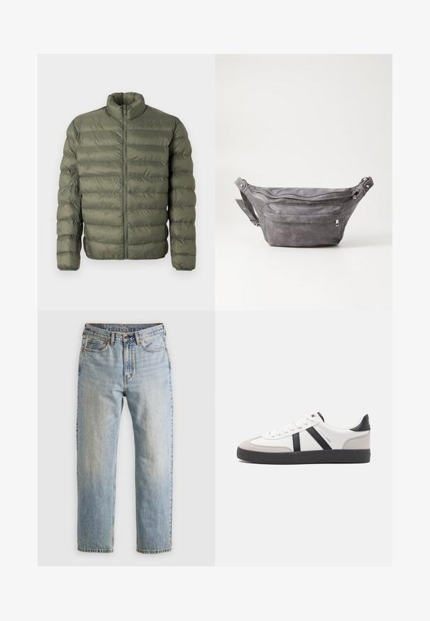 Giacca puffa verde oliva, trapuntata, con maniche lunghe, colletto alto e chiusura frontale con zip.; Pullover sweater beige con zip a un quarto in morbido tessuto a maglia. Presenta colletto e polsini a coste, con una vestibilità rilassata e un design senza cuciture.; Jeans in denim azzurro chiaro con vita alta, bottone anteriore, cerniera e design a cinque tasche, adagiati su uno sfondo neutro.; Sneaker bianco con accenti neri e grigi, dotata di una punta grigia testurizzata, suola in gomma nera e lacci bianchi piatti. Design pulito, stile minimalista.; Fanny pack in suede grigio con forma arrotondata, due scomparti con cerniera e tracolla regolabile. Presenta dettagli in metallo.