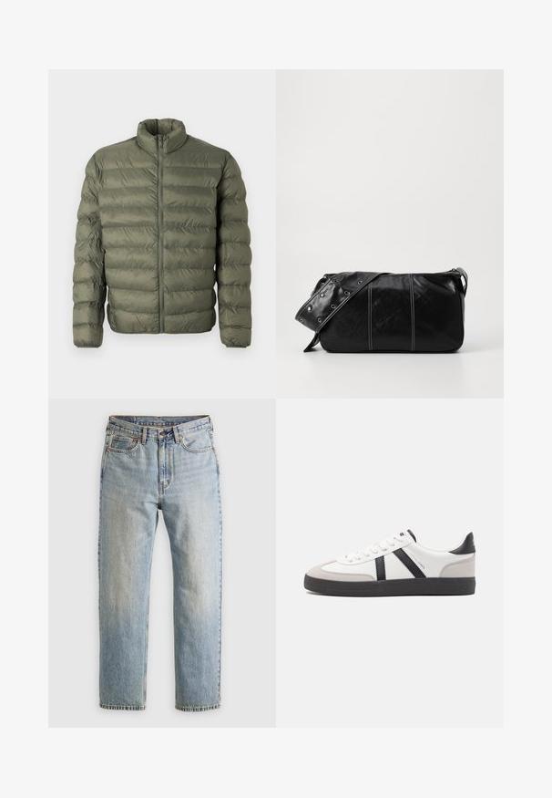 Olivgrüne, gestepptes Pufferjacke mit langen Ärmeln, hohem Kragen und Reißverschluss vorne.; Beiger Pullover mit Viertelreißverschluss aus weichem Strickstoff. Mit geripptem Kragen und Bündchen, einem lockeren Schnitt und nahtlosem Design.; Helle blaue Jeans mit hoher Taille, Frontknopf, Reißverschluss und fünf Taschen-Design, flach auf einem neutralen Hintergrund ausgelegt.; Weiße Sneaker mit schwarz- und grau-aczenten, ausgestattet mit einer strukturierten grauen Zehenkappe, schwarzer Gummi-Sohle und flachen weißen Schnürsenkeln. Sauberes Design, minimalistische Stil.; Schwarze Leder Schultertasche mit Reißverschluss, ausgestattet mit einer strukturierten Oberfläche, weißen Nähten und einem Tragegurt mit silbernen Ösen.