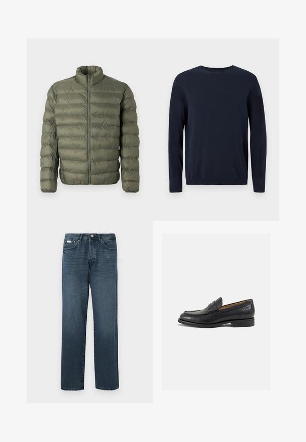 Olijfgroene, gewatteerde pufferjack met lange mouwen, hoge kraag en rits aan de voorkant.; Marineblauwe gebreide trui met lange mouwen, ronde hals en geribbelde manchetten en zoom. Bevat een klein logo op de borst.; Donkerblauwe denim jeans met een rechte pasvorm, vijf zakken, riemlussen en een ritsgulp. Glad textuur met subtiele vervagingdetails.; Zwarte leren loafers met een gladde afwerking, ronde neus en decoratieve stiksels op de wreef. Lage gestapelde hak en een lichte glans.