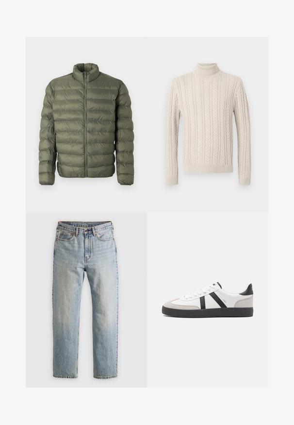 Olive green, quilted puffer jacket with long sleeves, high collar, and front zipper closure.; Beige, knitted sweater with a high, ribbed turtleneck. Features a textured cable pattern and ribbed cuffs and hem, offering a cozy appearance.; Light blue denim jeans with high waist, front button, zipper, and five-pocket design, laid flat on a neutral background.; White sneaker with black and gray accents, featuring a textured gray toe cap, black rubber sole, and flat white laces. Clean design, minimalist style.